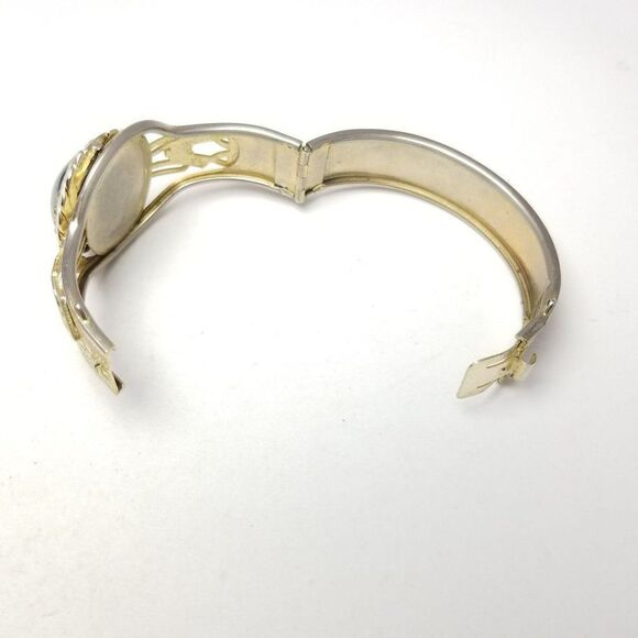 Vintage Large Gold Tone Bangle with Oval Cabochon Center, Hinged Bracelet Estate - Picture 5 of 8